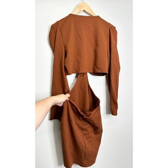 SocialiteâDress Womens Cut Out Puff Sleeve Bodycon Mini Brownâ Size LargeâNWT - Picture 3 of 6